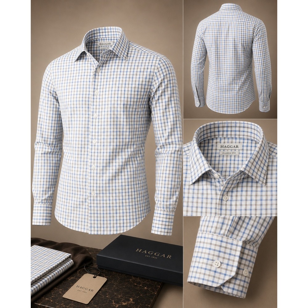 Haggar Mens Button Down Shirt 16-16.5 32/33 Blue Plaid Classic Fit